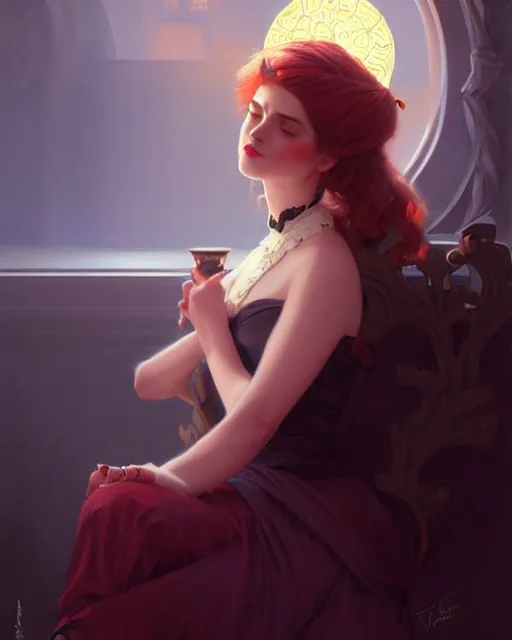 Prompt: fantasy stylized portrait by aykutmakut of an artistic pose, composition, young victorian sleeping fancy lady, cinematic moody colors, realistic shaded, fine details, realistic shaded lighting poster by ilya kuvshinov, magali villeneuve, artgerm, jeremy lipkin and michael garmash and rob rey