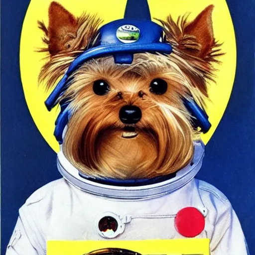 Prompt: A Yorkshire Terrier in a space suit, its face, smiling, clearly visible inside the helmet, art by Norman Rockwell, art by William Buguerau /imagine https://discord.com/channels/1002292111942635562/1005628033945837620/1006191040228753459