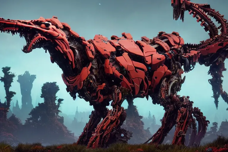 Image similar to wide epic shot. a hyper detailed fanghorn evangelion realistic mechanical and organic creature similar look as horizon forbidden west horizon zero dawn, bioluminiscence in a dark deep forest at dawn in spring, with reflection and textures, by kilian eng, substance painter reaslitic mech surface metal painted scratches, world env from horizon forbidden west horizon zero dawn