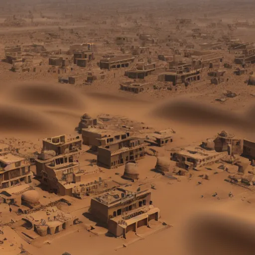 Image similar to drone shot of dusty old town in the middle of desert surrounded by sandstorm, scorching heat, sun, midday, concept art, sharp, artstation, cgsociety