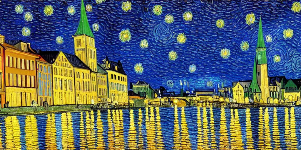 Image similar to a painting of the city of Rostock in the style of Vincent van Gogh, starry night, blue and yellow, sharp, 8k-resolution, highly-detailed, award-winning,
