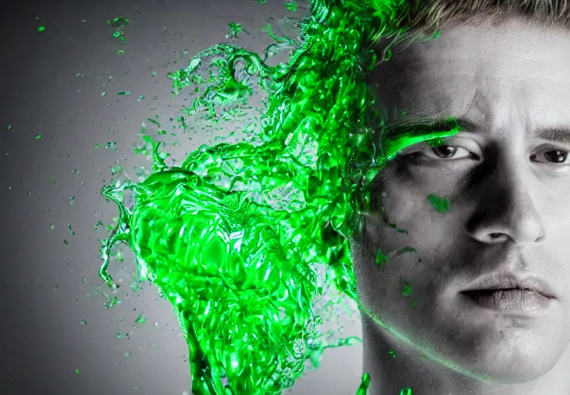 Image similar to a ultra realistic photograph of a man's face being melted off with oozing neon green and white honey