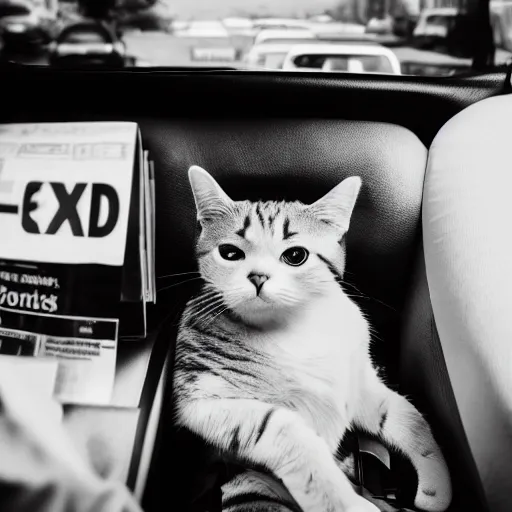 Prompt: a cat in a suit in back of taxi reading a newspaper, black and white, canon camera,