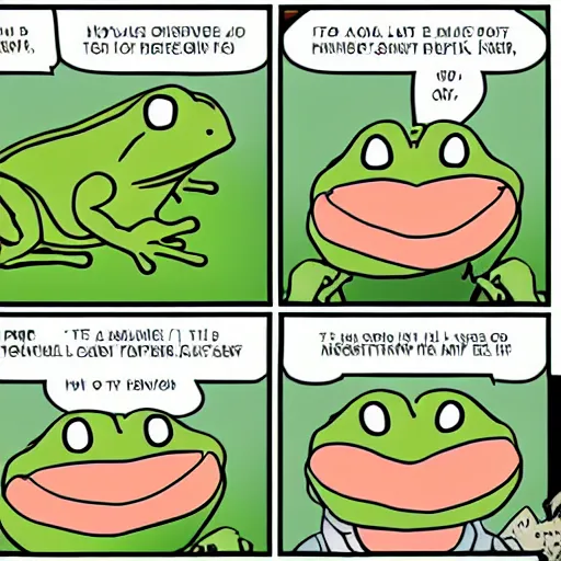 Image similar to a four panel comic about a talkative frog