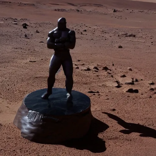 Image similar to a statue of mike tyson on mars, with earth as a little dot in the background in space.