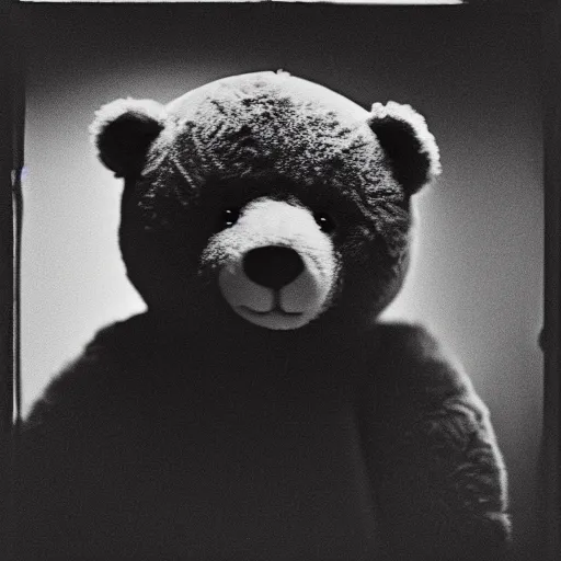 Image similar to a ( ( ( ( ( ( ( ( ( chiaroscuro lighting portrait ) ) ) ) ) ) ) ) ) ) of kanye west dressed as teddy bear mascot, black background, portrait by julia margaret cameron, shallow depth of field, 8 0 mm, f 1. 8