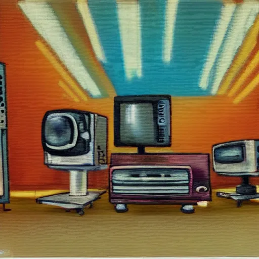 Prompt: array of crt televisions, tv static, antenna, stacked, polaroid, steroids, adult video store, impressionist painting, painting, oil painting, cell shaded, fuzzy