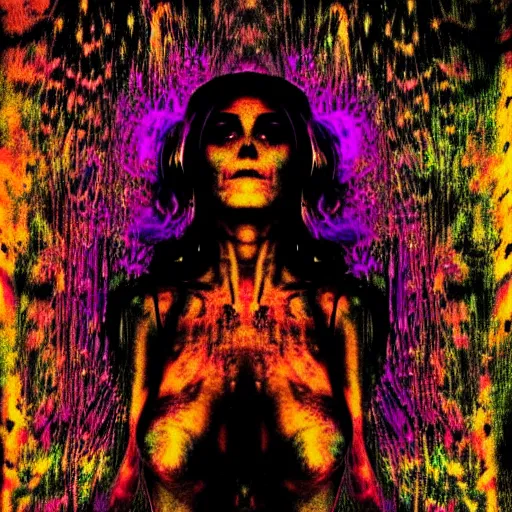 Prompt: a woman whos body is static losing frequency phasing out, dark eerie photo taken by digital hollywood, bleeding rich decaying colors!