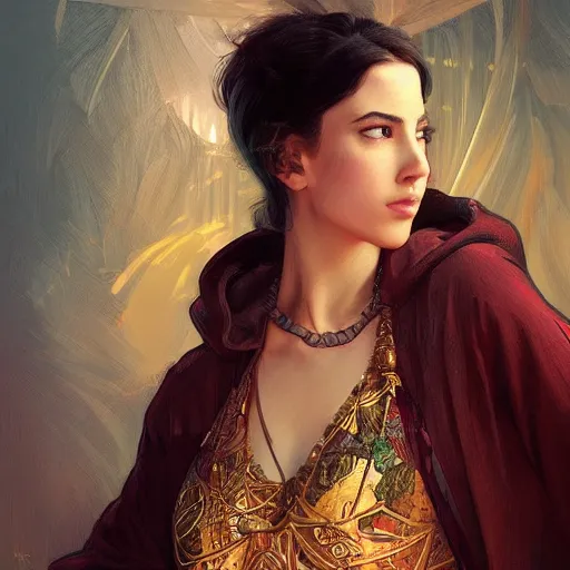 Image similar to character portrait of Mata Hari girl in a hoodie, relaxing mood, intricate, wild, highly detailed, digital painting, artstation, upper body, concept art, smooth, sharp focus, illustration, art by artgerm and greg rutkowski and alphonse mucha