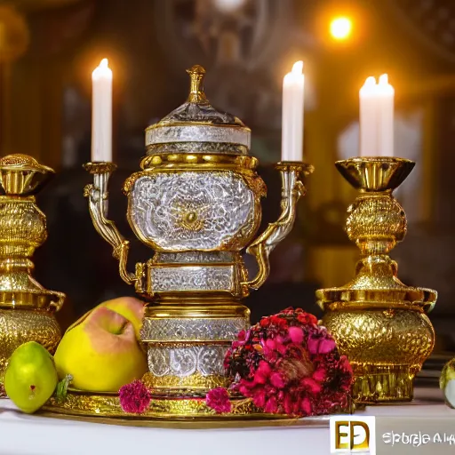 Image similar to product view of ornate Russian samovar on a table with candles, fruit and flower arrangements, photorealism, metal reflections, DSLR, 20mm lens, professional photography, elite, luxury, five-star, Michelin, photographic, CG Society, deep focus, extreme detail, razor sharp