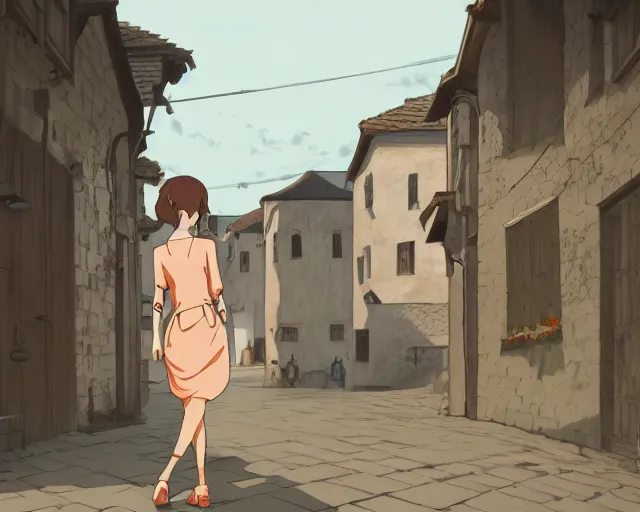 Image similar to anime still frame of a young female walking through a medieval village, dynamic pose, dynamic perspective, detailed silhouette, cel shaded, minimalist, simple, ilya kuvshinov face style