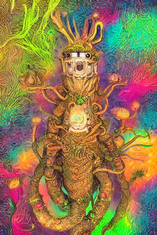 Image similar to creature sushi roots cactus elemental flush of force nature micro world fluo light deepdream a wild amazing steampunk baroque ancient alien creature, intricate detail, colorful digital painting radiating a glowing aura global illumination ray tracing