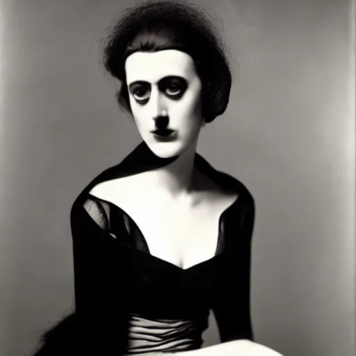 Prompt: old monochrom photography of a beautiful woman with a magpie dress, by man ray, alfred ghisoland, george edward hurrell, 4 k,