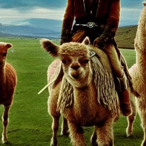 Image similar to still from lord of the rings showing the ride of the rohirrim, but on alpacas