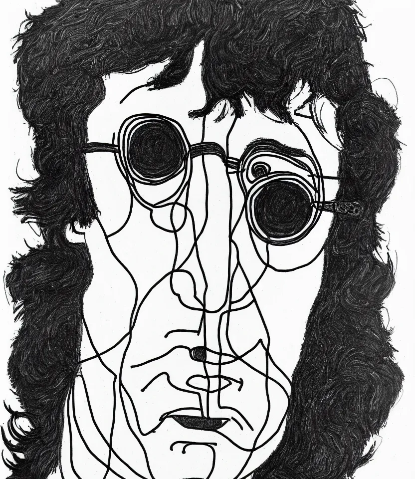 Prompt: detailed line art portrait of john lennon, inspired by egon schiele. caricatural, minimalist, bold contour lines, musicality, soft twirls curls and curves, confident personality, raw emotion