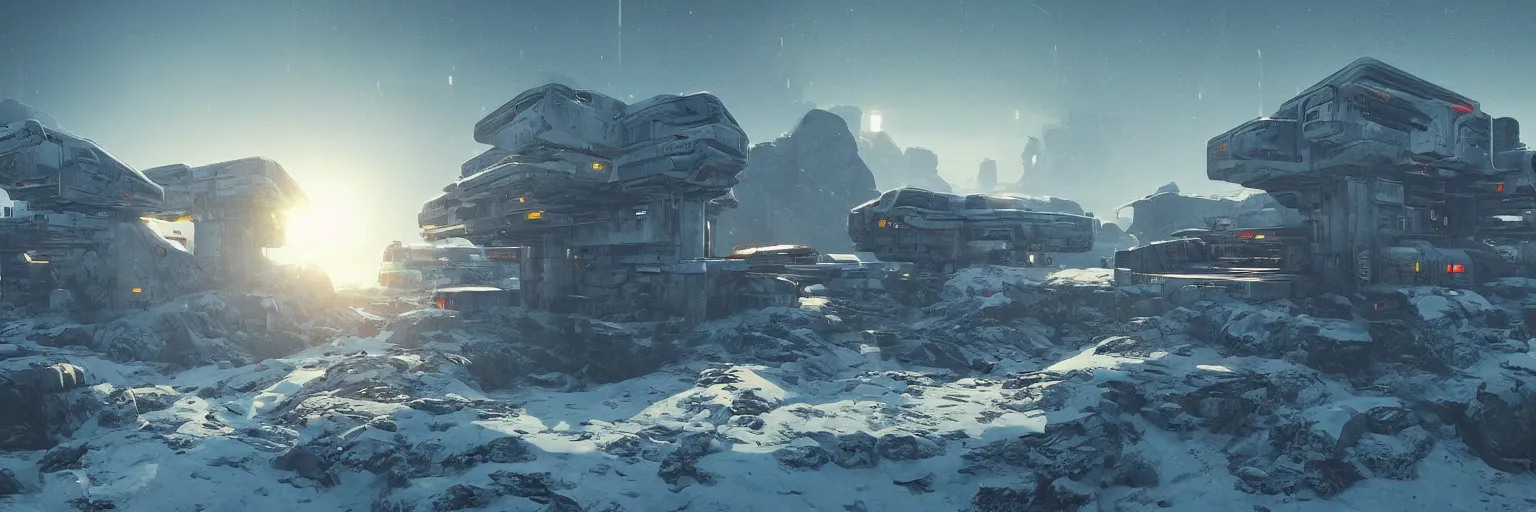 Prompt: “Concept art of a small brutalist concrete research outpost consisting of a single building on the side of a snowy mountain at sunset on an alien world, cyberpunk 2077, 8k, star citizen, art station”