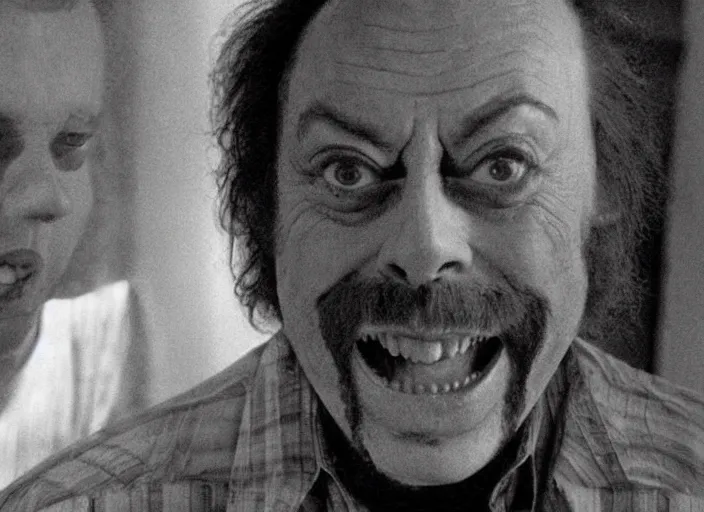 Prompt: a scene from The Shining with Tim Curry