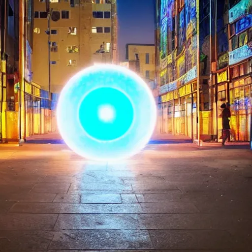 Prompt: a photo of a glowing magical portal in the middle of a city, through the portal you can see a beach