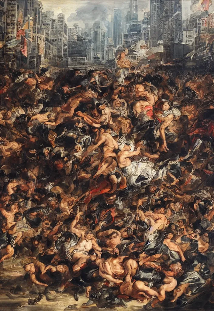 Image similar to 2 0 2 1 hong kong riot by peter paul rubens. city buildings in the background.