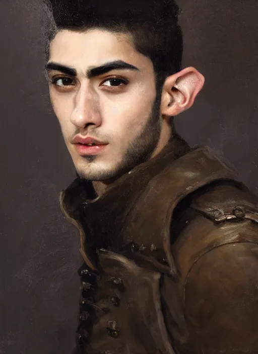 Prompt: close up head and shoulders portrait painting of young man who looks like zayn malik as an elf by jeremy mann, wearing leather napoleonic military style jacket, only one head single portrait, pointy ears