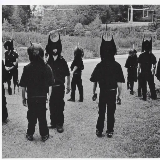 Image similar to Satanic States of America, alternate history, 1980s, boy scouts, goth boy scouts, Satanic boy scouts, black clothing, occult ritual, 1987, 16mm photograph