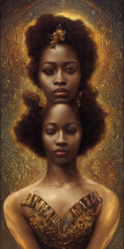 Prompt: queen, a lone african woman, flowers, dark pastel color scheme, jugendstil background, gold filigree, by karol bak, by emil melmoth, by daniel gerhartz, intricate, highly detailed, digital painting, artstation, concept art, smooth, sharp focus, illustration