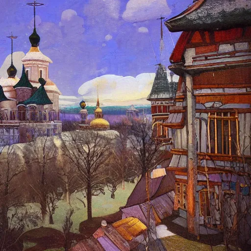 Prompt: photo beautiful magical ancient Slavic Russian city of Kitezh, fisheye lens, painting by Viktor Vasnetsov, concept art, magical city, fantasy cityscape, painting by Nicholas Roerich, ancient Slavs, wooden buildings, ancient Russian architecture, terem, hyperborea, top cinematic lighting , cinematic mood, very detailed, 8k, high resolution, trending on artstation, artstationHD,