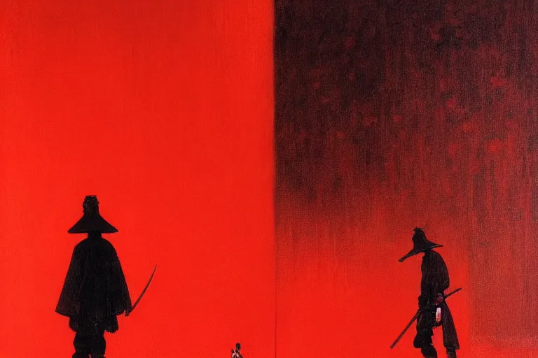 Image similar to only with red, a red samurai harakiri, tokio, a lot of frogs watch, in the style of beksinski, parts by edward hopper, parts by rodcenko, parts by yue minjun, intricate and epic composition, red by caravaggio, insanely quality, highly detailed, masterpiece, red light, artstation, 4 k