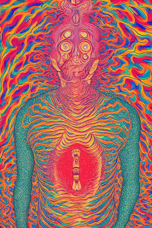 Image similar to man eats a tab of LSD acid on his tongue and dreams psychedelic hallucinations, screenprint by kawase hasui, alex grey and dan hillier, colorful flat surreal design, hd, 8k, artstation