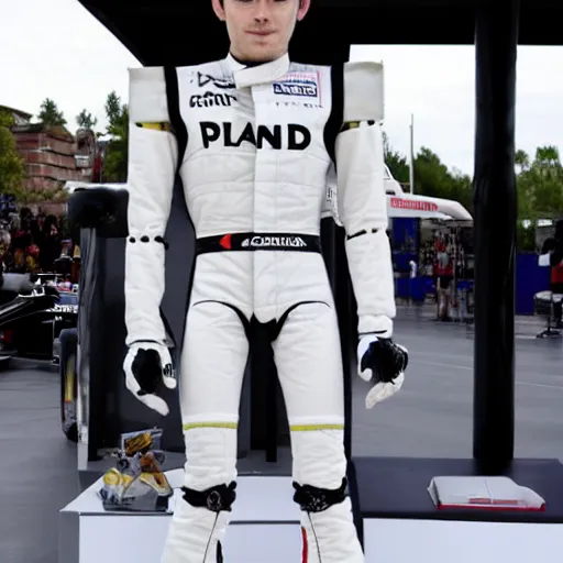 Image similar to f 1 driver charles leclerc, on display, posing like a statue, showing off his muscles, humanoid robot, who is a male android, shiny skin, made of ice, frozen ice statue, by the pool, a realistic detailed photo of a guy who is an attractive humanoid who is half robot and half humanoid, blank stare