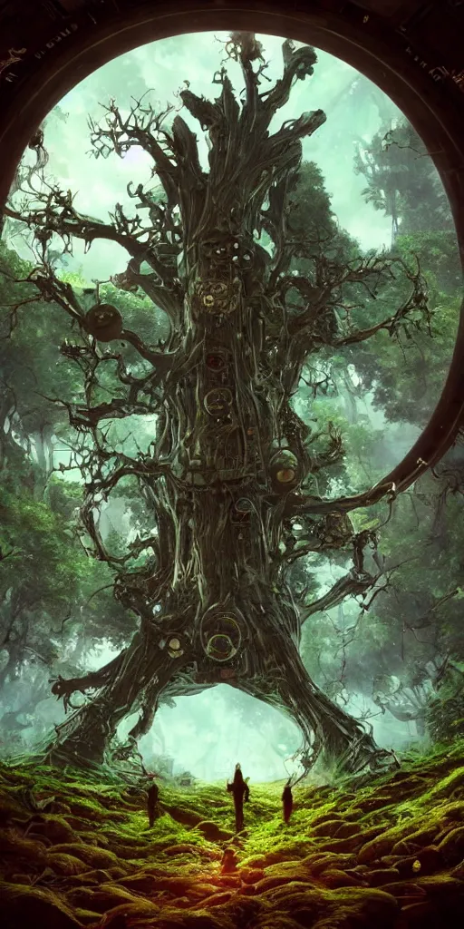 Prompt: humongous techno - tree portal on a big steampunk planet, spooky, art by pixar, smooth, beautiful art, masterpiece, artistic landscape, cinematic, wet reflections, ray tracing x, rtx, smooth