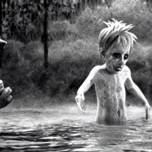 Image similar to a ghost resembling a kid is drowning while a ghost resembling a woman watches, insanely detailed, photorealism, from the movie Gummo