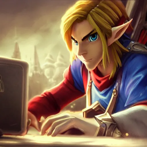 Prompt: Link from Zelda, sitting at a desk programming on a computer, close-up shot, elegant, realistic character concept, high fantasy, light atmosphere, golden ratio, cinematic lighting, hyperdetailed, high resolution, insanely detailed and intricate, artstation, Marc Simonetti, Greg Rutkowski,