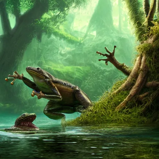 Image similar to an amphibian troll swimming in a swamp, matte painting, digital art, fantasy art, 8 k, trending on artstation, ultra detailed