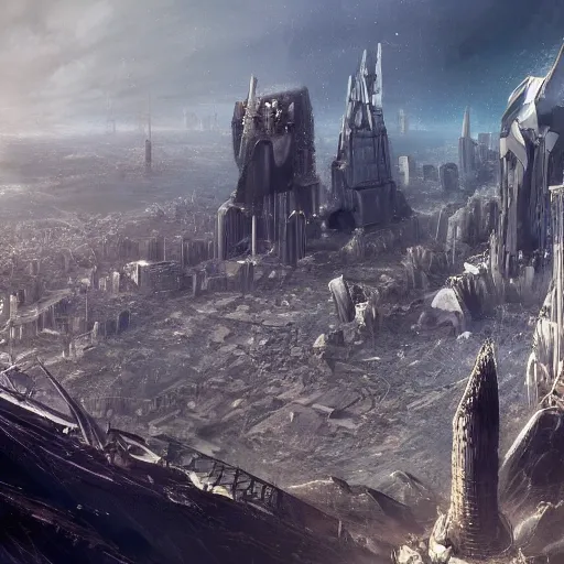 Prompt: A panoramic view of a city built atop a crashed meteor, concept art, speculative science fiction, detailed, high quality, 4K
