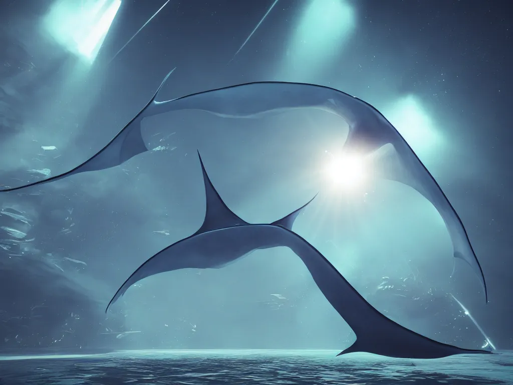 Image similar to giant manta ray in space, unreal engine 5, perspective 3 d octane render, cold blue color scheme!!!, by 8 k, light rays, lens flare, epic, hyperdetailed, trending on artstation