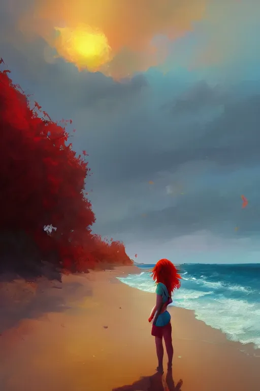 Image similar to a red haired young girl beach surreal, sunrise, dramatic light, impressionist painting, colorful clouds, digital painting, artstation, simon stalenhag