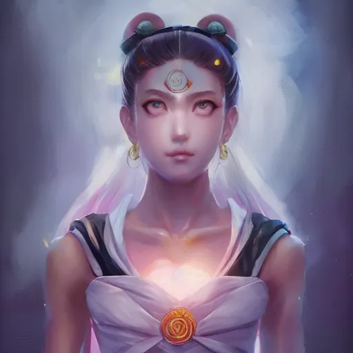 Prompt: A portrait of sailor moon, Yakuza art, art by greg rutkowski, matte painting, trending on artstation