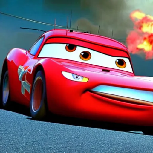 Image similar to a red eyed lightning mcqueen from cars smoking a blunt, movie still