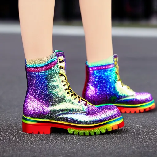 Prompt: hyperrealistic product photo of rainbow combat boots made out of glitter, unicorn tears, and stardust, high resolution, 8 k,