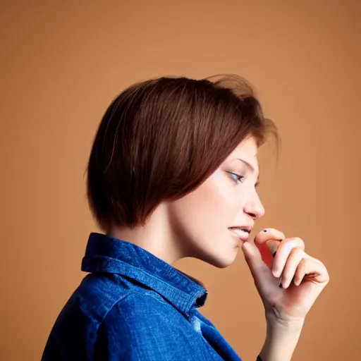 Prompt: studio photo, young woman, side view, short brown hair, blue eyes, crying