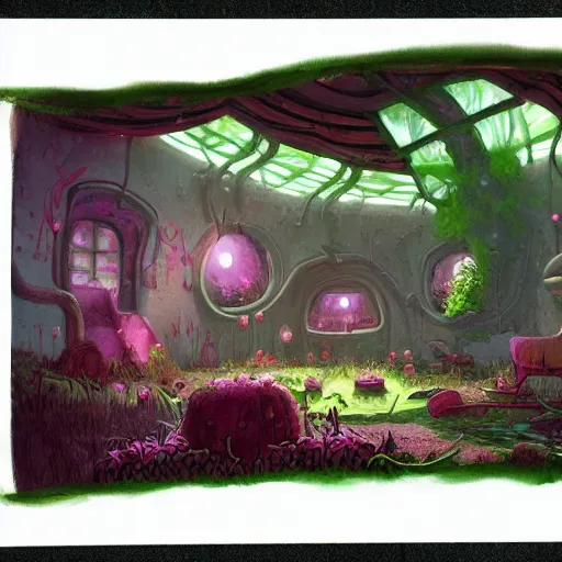 Image similar to concept art painting of a interior of a fungal cozy alien fantasy cottage, with black vines and magenta plants, realistic, detailed, cel shaded, dark, in the style of makoto shinkai and greg rutkowski and james gurney