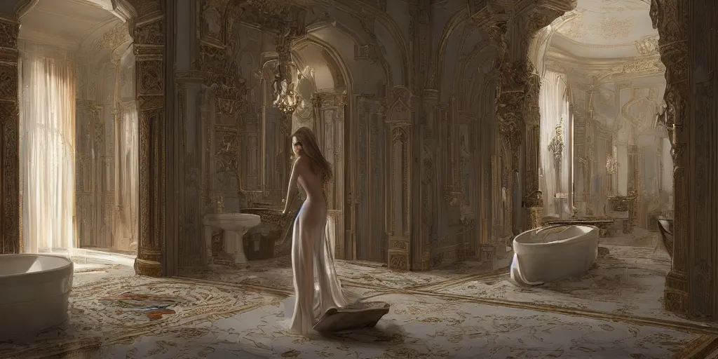 Image similar to in the bathroom of an incredible palace with the beautiful Natalia Vodianova, Raphaël Lacoste, matte painting, artstation