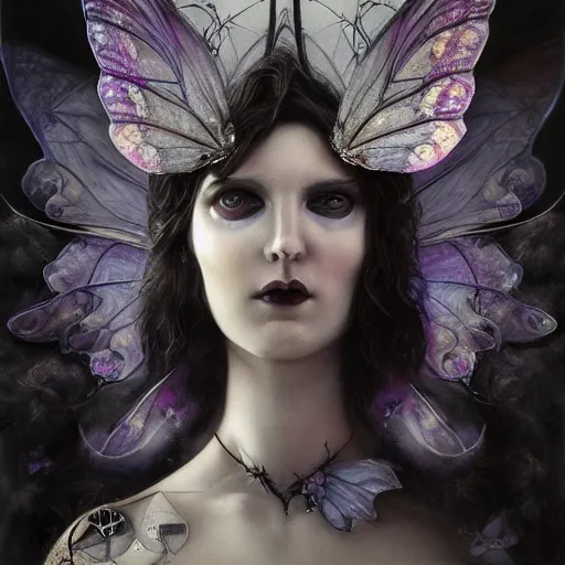 Prompt: tom bagshaw, soft painting fractal curiosities carnival, beautiful fairy winged butterfly hybrid mutation in full nightshade gothic armor, accurate features, focus, very intricate ultrafine details, black white purple volumetric clouds, award winning masterpiece, octane render 8 k hd