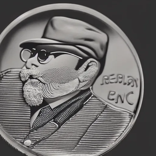 Prompt: A photograph of a delicious unwrapped chocolate coin which is engraved with a portrait of leon redbone circa 1975, smoking a cigar and wearing a greek fisherman's cap, highly detailed, close-up product photo, depth of field, sharp focus, soft lighting