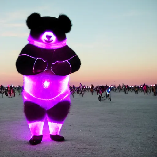 Image similar to a panda wearing led - lined clothing dancing at night on a busy playa at burning man