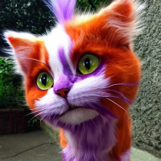 Image similar to orange cat, with his hair died purple to look like the cheshire cat, photo