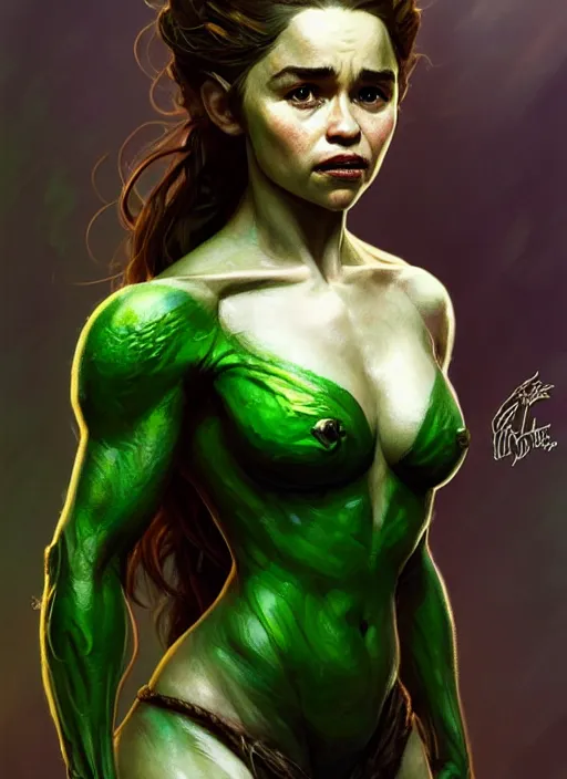 Image similar to portrait of emilia clarke as a goblin, d & d, muscular! green, fantasy, intricate, elegant, highly detailed, digital painting, artstation, concept art, smooth, sharp focus, illustration, art by artgerm and greg rutkowski and alphonse mucha