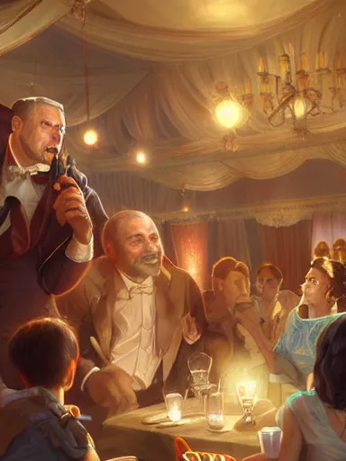 Image similar to a handsome humble middle aged man talking in a party. intricate, elegant, highly detailed, digital painting, artstation, concept art, sharp focus, illustration, by justin gerard and artgerm, 8 k