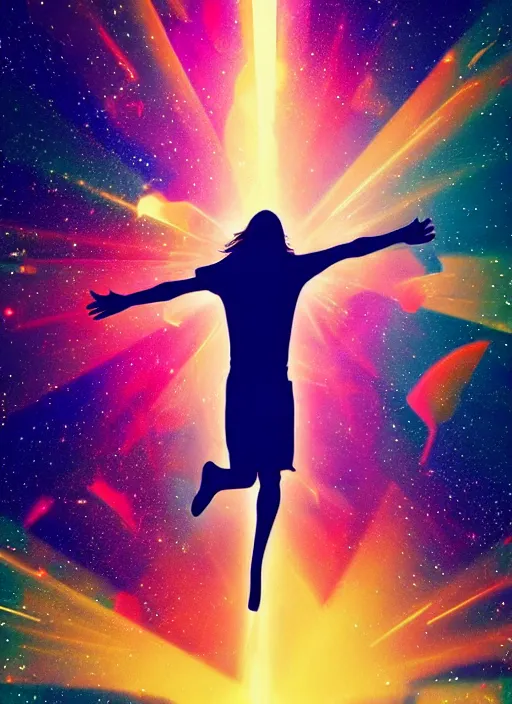 Image similar to Jesus Christ flying in space, dynamic lighting, +++++++++++ super super dynamic dynamic pose, glitch effect, colorful, space, starry night, intense, 20k